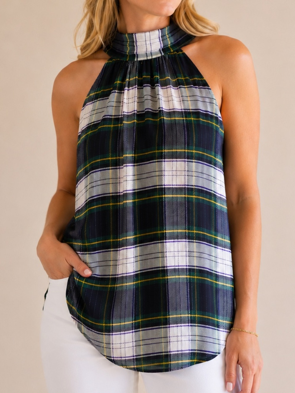 J.Crew Plaid Halter Top Size 16 Tie Neck Lined Sleeveless Blouse